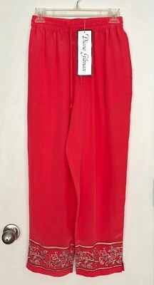 Diane Gilman 100% Silk Pants Salmon Pink w/ Floral Design – Small – NWT! - Image 1 of 4