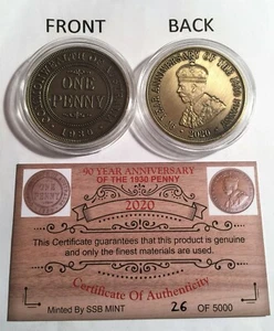 2020 1 oz 90 year Anvsry of the 1930 penny coin Finished in 999 Gold Antique LTD - Picture 1 of 4