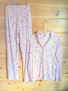 Laura Ashley Heart Loungewear Pajama Set Womens M Pink Microfleece Feminine - Picture 1 of 9