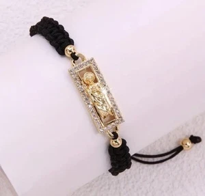 BLACK BRACELET SAN JUDAS TADEO PULSERA DE HILO Y ORO LAMINADO PROTECCIÓN - Picture 1 of 2