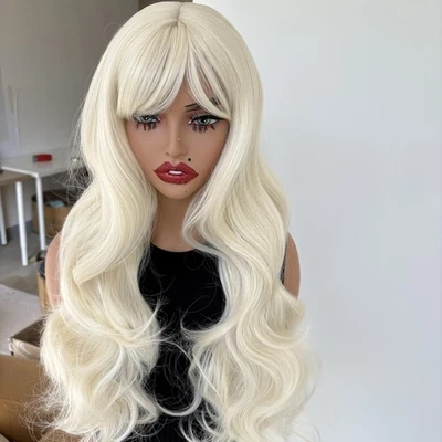 Pelucas de vestir rubias platino con flequillo cabello sintético largo ondulado resistente al calor Foto 1 de 4