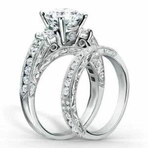 2.65Ct Round Cut Moissanite Bridal Set Wedding Band Ring In 935 Argentium Silver - Picture 1 of 3