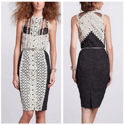 Beguile by Byron Lars Sheath Dress 4 Laser Cut Polka Dot Knee Length Black Cream - Image 1 of 4