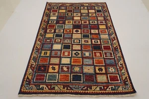 4 x 6 ft Navy Blue Check Gabbeh Tribal Afghan Hand Knotted Wool Rug - Picture 1 of 18