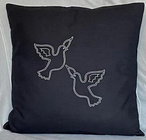 2 White Doves birds embroidery on Plain Black Sofa Bed Chair lounge Cushion 16" - Picture 1 of 2