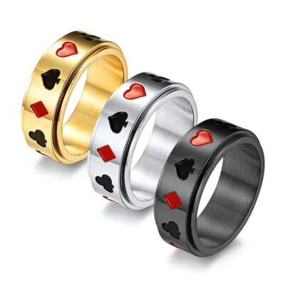 Poker Pattern Spade Heart Diamond Club Ring Stainless Steel Fashion Spinner Ring - Image 1 of 4