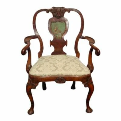 古董法国乡村雕刻木质白色口音椅安妮女王带亚洲图案 — 第 1/4 张图片