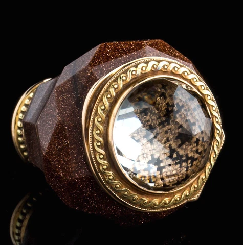 Vinaigrette of 18k Gold and Goldstone Aventurine Glass Crystal Antique Cover