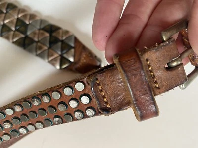 Marrón Boho Diesel Vintage Cuero Tachonado Remaches Cinturón Mujer’s Gunmetal Envejecido Foto 1 de 4