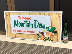 "MOUNTAIN DEW" EMBOSSED METAL ADVERTISING SIGN (29.5"x 14.5") EXCELLENT COND