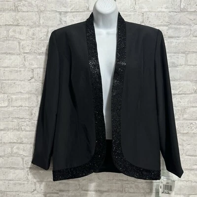 R&M Richards Womens 14 Petite Open Front Evening Jacket Black Beaded Trim - Image 1 of 4