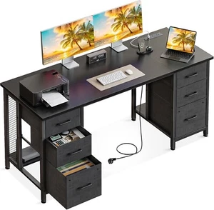 160cm Computer Desk with 2 File Cabinets and 4 Fabric Drawers, Home Office Desk - Picture 1 of 9