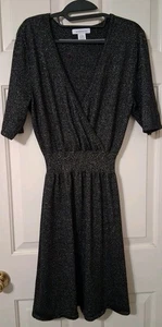 LIZ CLAIBORNE SZ LT V-Neck Black Metallic Midi Dress Short Sleeve - Picture 1 of 7