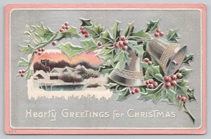 Divided Back Postcard Hearty Greetings For Christmas Holly Berries Bells - Picture 1 of 2