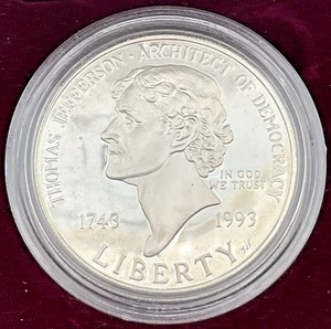 1993-S Thomas Jefferson Silver Proof Commemorative $1 W/ Box & COA - Picture 1 of 6