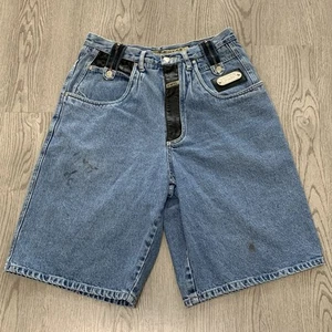 Vintage Paco Blue Baggy Denim Shorts Jorts Leather Trim 90s Y2K Skater Hiphop 30 - Picture 1 of 10
