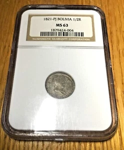 1821 PJ Bolivia 1/2 real silver Potosi NGC MS 63 Unciirculated UNC BU MS Mint - Picture 1 of 2