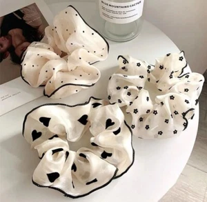 Black And White Floral Chiffon Hair Scrunchies 3 Piece Set - Picture 1 of 2