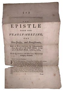 1760, 1st, BENJAMIN FRANKLIN IMPRINT, EPISTLE YEARLY MEETING, NJ & PA, SLAVERY - Picture 1 of 8