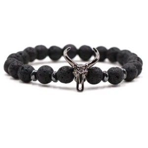 Pulsera de Piedra Volcánica Negra Colgante Cabeza de Toro Ajustable 6.7-8.3 Pulgadas 8mm - Imagen 1 de 1