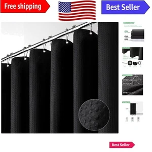 Luxury Waffle Textured Black Fabric Shower Curtain - Spa-grade Heavyweight Ba... - Picture 1 of 8