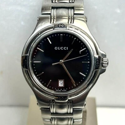 ◆Vintage N MINT◆ Orologio Gucci 9040M Silver Black Dial Data Uomo Qz - Immagine 1 di 4
