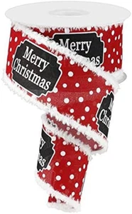Merry Christmas Red White Ribbon - 2 1/2" x 10 Yards, Wired Edge, Dots, Wreath - Picture 1 of 3