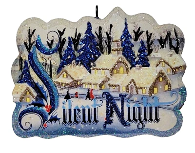 STROMBOLI'S WAGON SILENT NIGHT, SNOWY CHURCH VILLAGE * Glitter CHRISTMAS ORNAMENT * Vtg Img