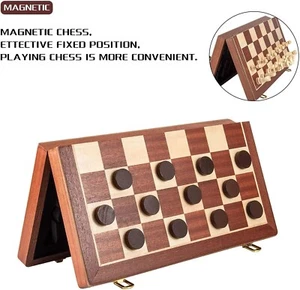 2 in 1 Magnetic Wooden Chess & Checkers Set 15 In, Folding Board Gift Box Packed - Picture 1 of 5