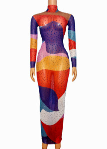 Multi-color Splice Colorful Rhinestones Stretch Dress Transparent Evening Outfit