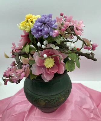 Vtg Cast Iron Vase Japan w Glass Bonsai Floral Arrangement - Image 1 of 4