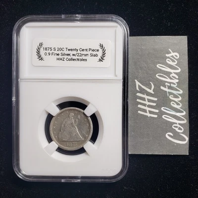 US 1875 S 20C Twenty Cent Piece Silver Coin w/ 0.87 in 22mm Slab Snap Holder - Image 1 of 4