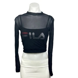 Fila Women’s Black Mesh Sheer Long Sleeve Crew Neck Layer Logo Cropped Top Sz XS - Picture 1 of 9