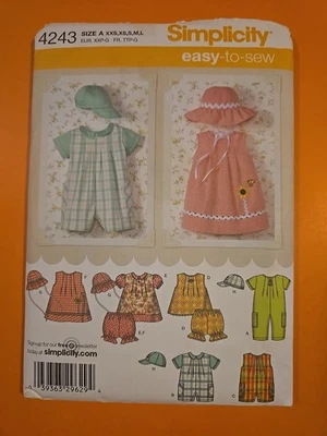 SIMPLICITY PATTERN 4243 BABIES' ROMPERS,  DRESS TOP,  PANTIES & HATS - Image 1 of 3