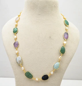 100% Natural Multi Gemstone Oval Cut Necklace Gold Plated Gift For Her - Picture 1 of 4