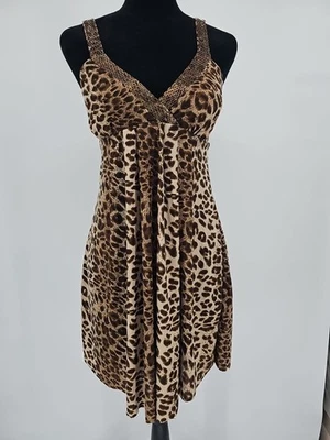 Vestido sin Mangas Vintage Años 2000 Y2K Cuentas Satén Pequeño Leopardo Camisola Babydoll  Foto 1 de 4