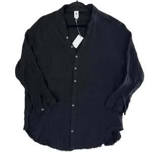 Flawless Black Gauze Button Down Shirt Tunic Top Oversize Frayed Hem Large NWT - Picture 1 of 8