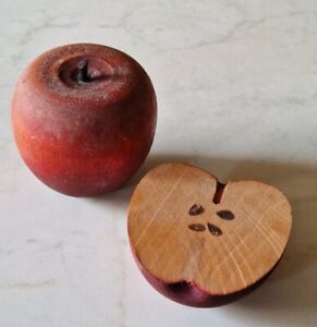 Vintage Handmade Red Wooden Apple & Half Apple  Decorative Sculpture