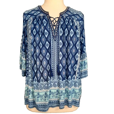 Top Vintage America Azul Grande Azul Paisley Floral Borlas Con Cordones Boho Campesino Foto 1 de 4