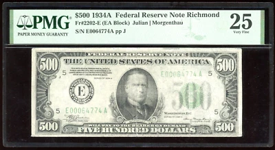 1934 $500 Federal Reserve Note Bill FRN FR-2202-E. Certified PMG 25 (Very Fine) - Image 1 of 2