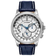 Citizen Eco-drive Bu2020-02a Calendrier Silver Watch Blue Leather Strap 44mm