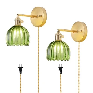 Plug in Wall Sconces Set of 2, Vintage Wall Sconce Light with Tulip Green Gla... - Picture 1 of 9