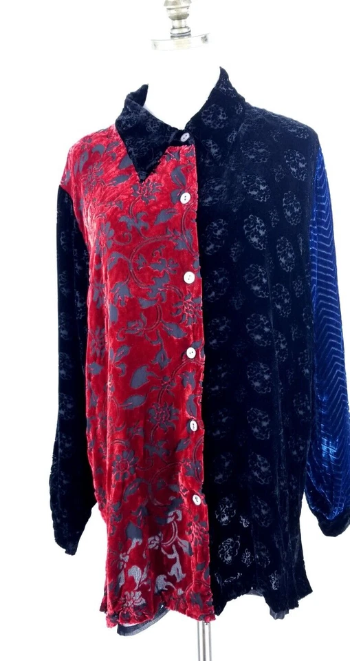 Koos por supuesto! Blusa Larga Multi Terciopelo Patchwork Burn Out Botón Frontal Talla 1X Foto 1 de 4