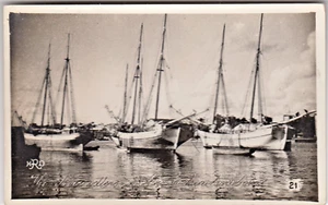 Alexandria EGYPT ~3 Idlers in Alexandria Harbor Vintage RPPC Sail Boats Postcard - Picture 1 of 2