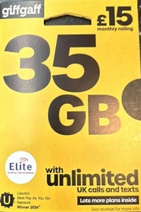 Giffgaff Pay As You Go SIM Card – 35GB Data + Unlimited Calls & Texts – £15 Plan - Picture 1 of 6