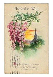 1923 Singed Clapsaddle Wolf #5 Tarjeta Postal de Pascua Iglesia y Flores - Imagen 1 de 2