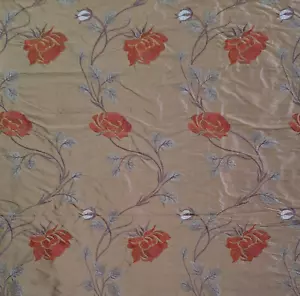 Embroidered Dupioni Silk Red Roses On Brown With Label Bolt End 1.8 YDS x 54" W - Picture 1 of 20