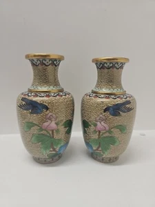Pair of Vintage JINGFA Cloisonne Vases Flowers Birds 5' - Picture 1 of 7