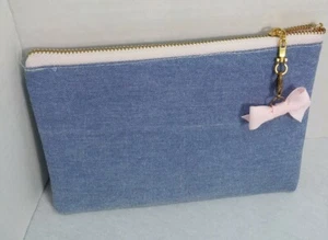Simply Gilded Make up Bag Blue denim with pink zipper and ribbon - Picture 1 of 6