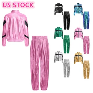 Girl Jazz Hip Hop Street Dance Outfit Metallic Bomber Jacket with Sweatpants Set - Picture 1 of 32